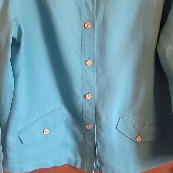 Additions by Chico's-Linen turq. colored collared long sleeved jkt. Size 2=Large - Picture 6 of 11